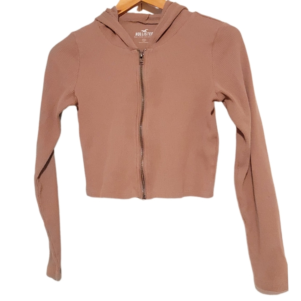 Hollister xs Tan Ribbed Knit Hoodie Slight Crop Must-Have Collection